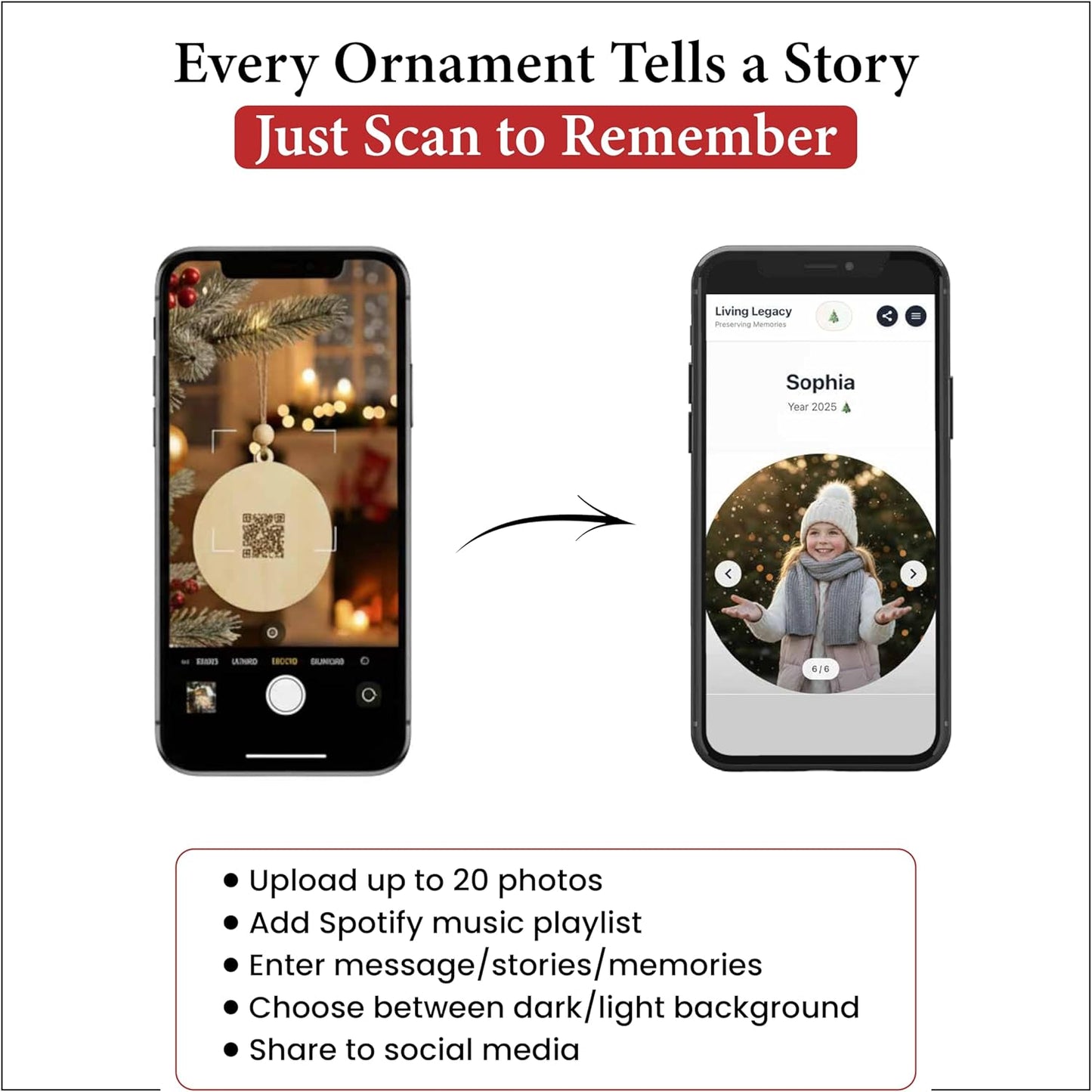 Living Legacy QR Code Christmas Ornament – Personalized Wooden Keepsake (Santa, Reindeer & Snowman Options)