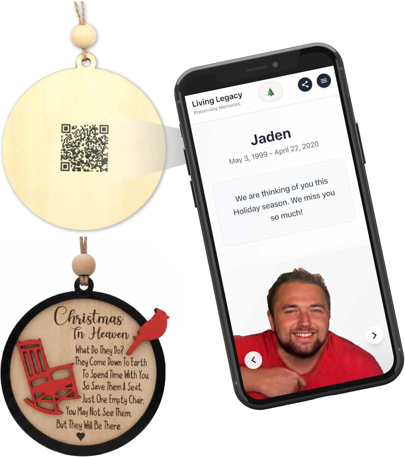 Living Legacy Wooden Christmas Memorial Ornament – Handcrafted Tribute with Custom QR Photo Memories for Loved Ones in Heaven