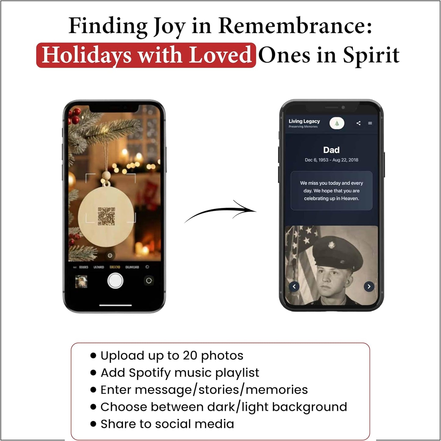 Living Legacy Wooden Christmas Memorial Ornament – Handcrafted Tribute with Custom QR Photo Memories for Loved Ones in Heaven